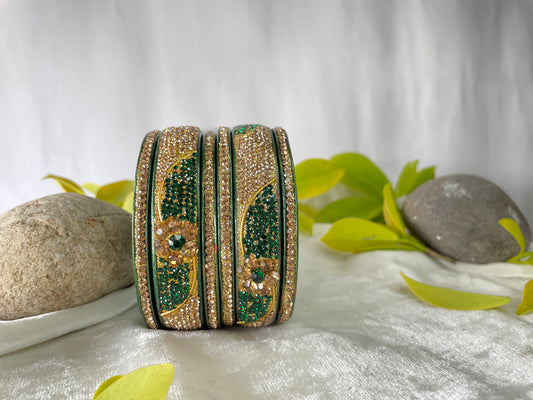 Emerald Green Golden Stoned Lakh bangles | Lac Bangle/ Lakh Bangle/ Kadda/ chura | traditional Bangdi | for women and girls