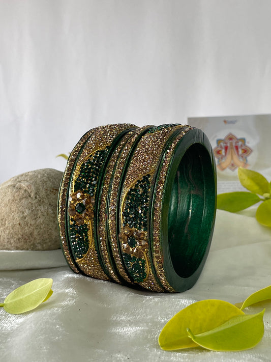 Emerald Green Golden Stoned Lakh bangles | Lac Bangle/ Lakh Bangle/ Kadda/ chura | traditional Bangdi | for women and girls