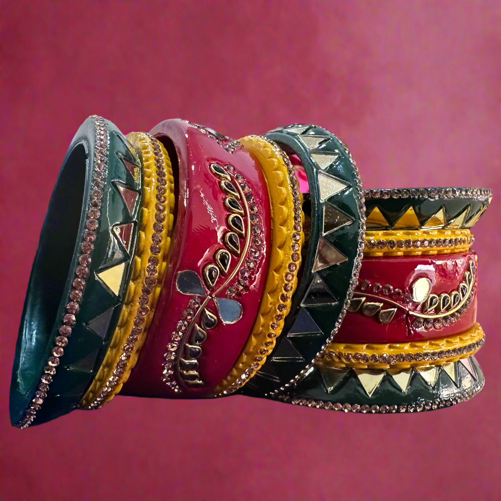 Tri-Color Mirror Bangdi Lakh Bangle Set | Traditional Jewelry | Bangle/ Bangdi | For Women and Girls