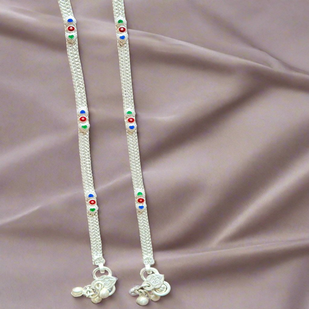 Green Blue heart Tri-Line Silver Chain Anklets | For Girls and Women