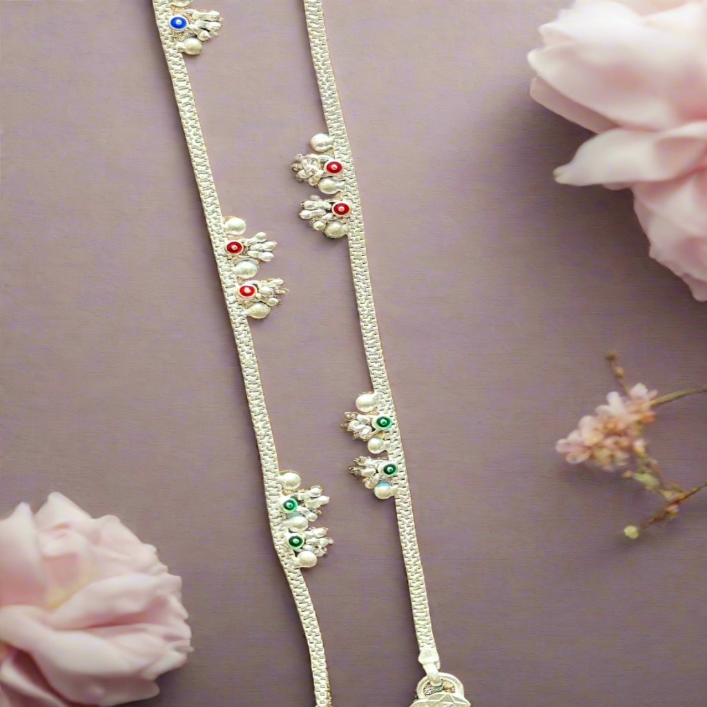 Rangoli Tri-Color Silver Chain Anklets | For Girls and Women – gaonkasaman