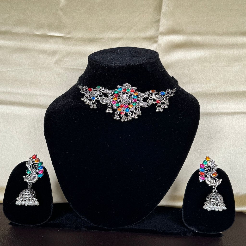 Multicolor Silver Oxidize Choker Set with Peacock Pendant | Traditional Necklace/Pendant | for Girls and Women.