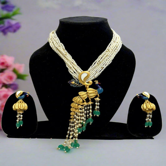 Peacock Pendant Ranihaar Necklace Set | Pearls/Kundan/Imitation stones | Traditional Jewelry for Girls and Women.