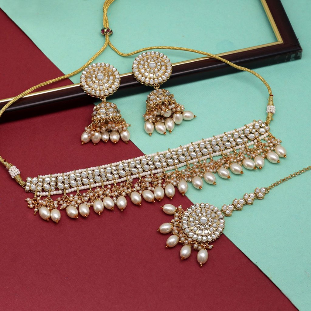 Semifloral Kundan Necklace Pearls, and Matching Earrings | Traditional Jewelry/Nacklace/Choker | for Girls & Women