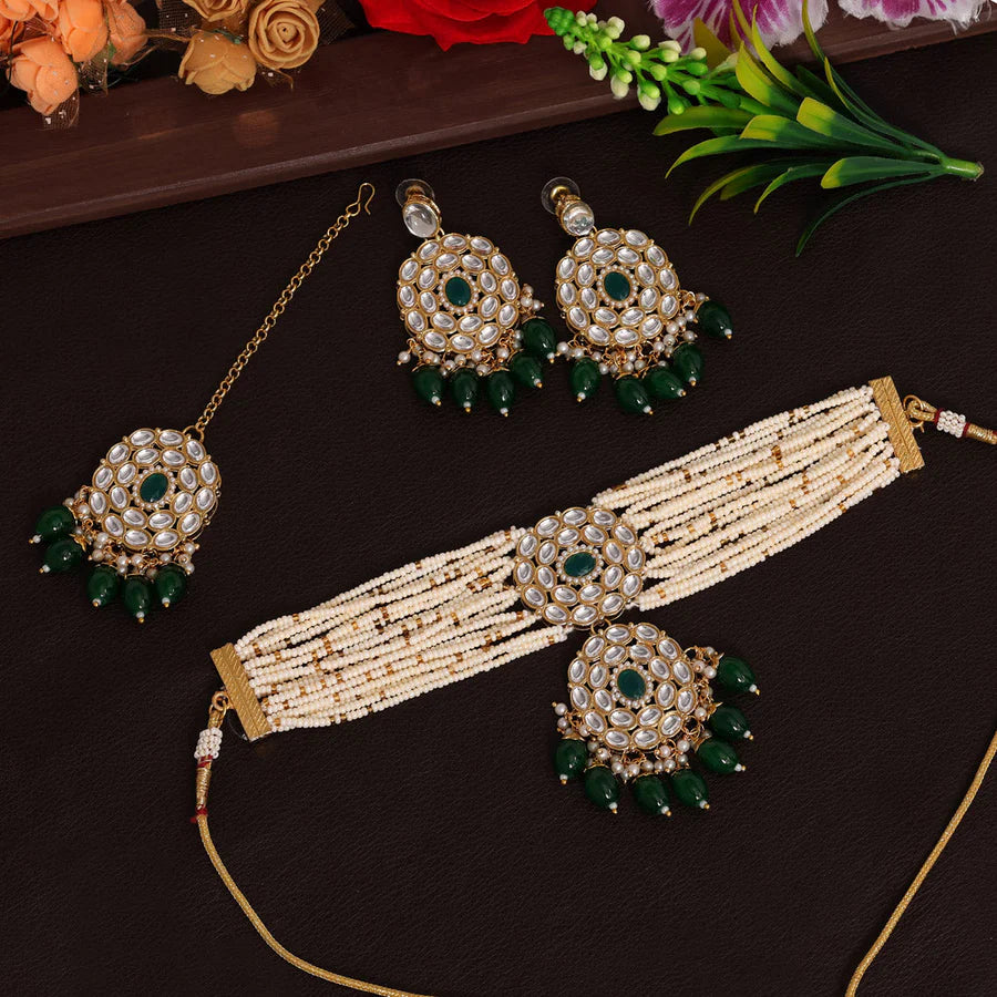 Pink, Yellow, Green Color Choker Kundan Necklace Set