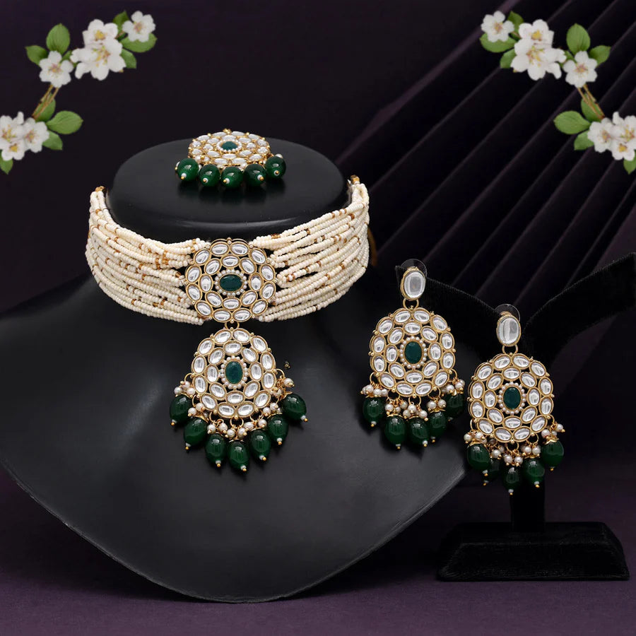 Pink, Yellow, Green Color Choker Kundan Necklace Set