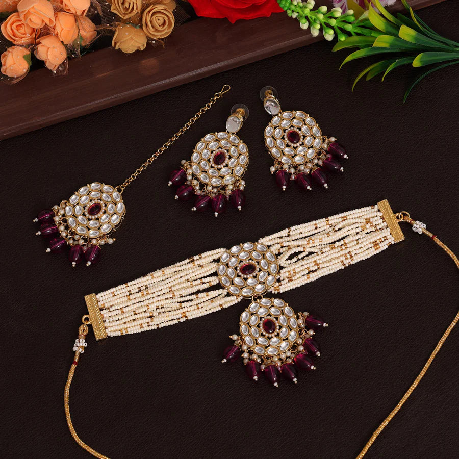 Purple Color Choker Kundan Necklace Set