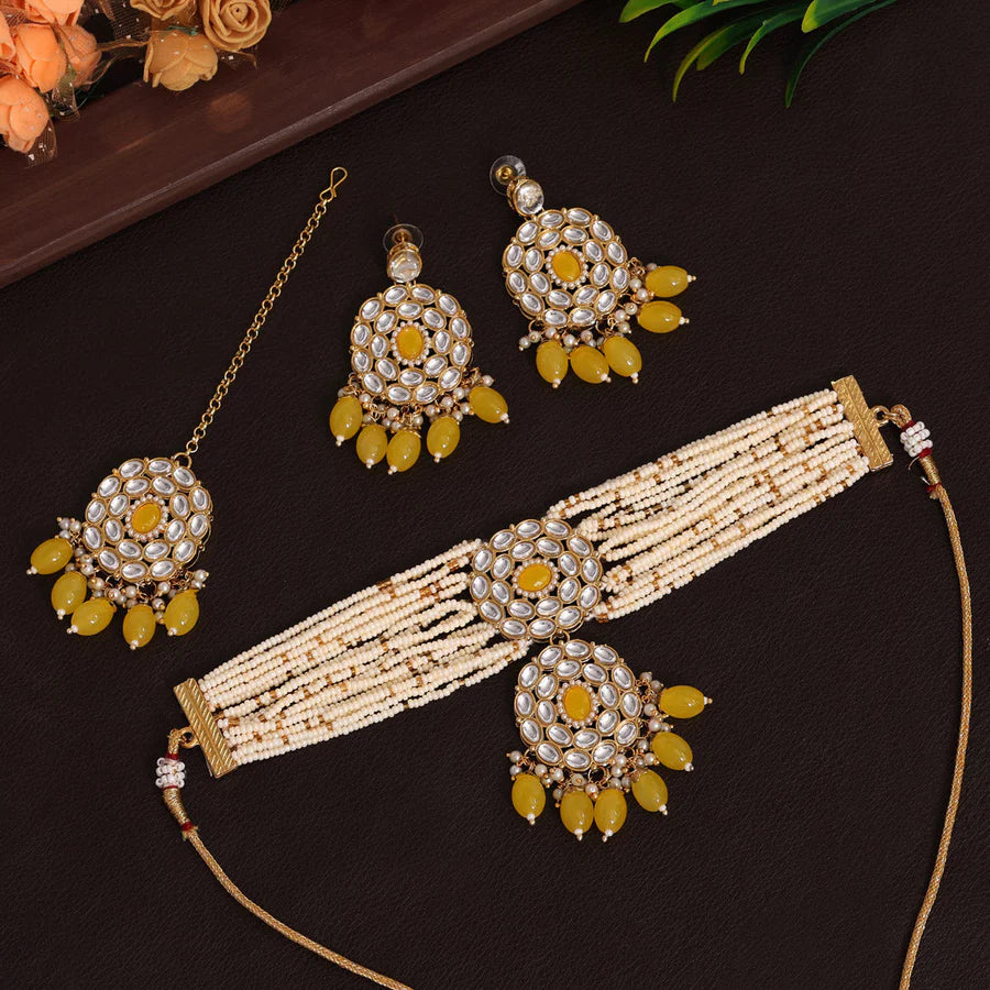 Pink, Yellow, Green Color Choker Kundan Necklace Set