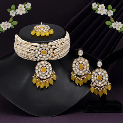 Pink, Yellow, Green Color Choker Kundan Necklace Set