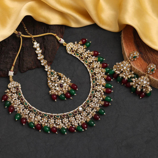 Maroon, Red & Green Color Kundan Necklace Set