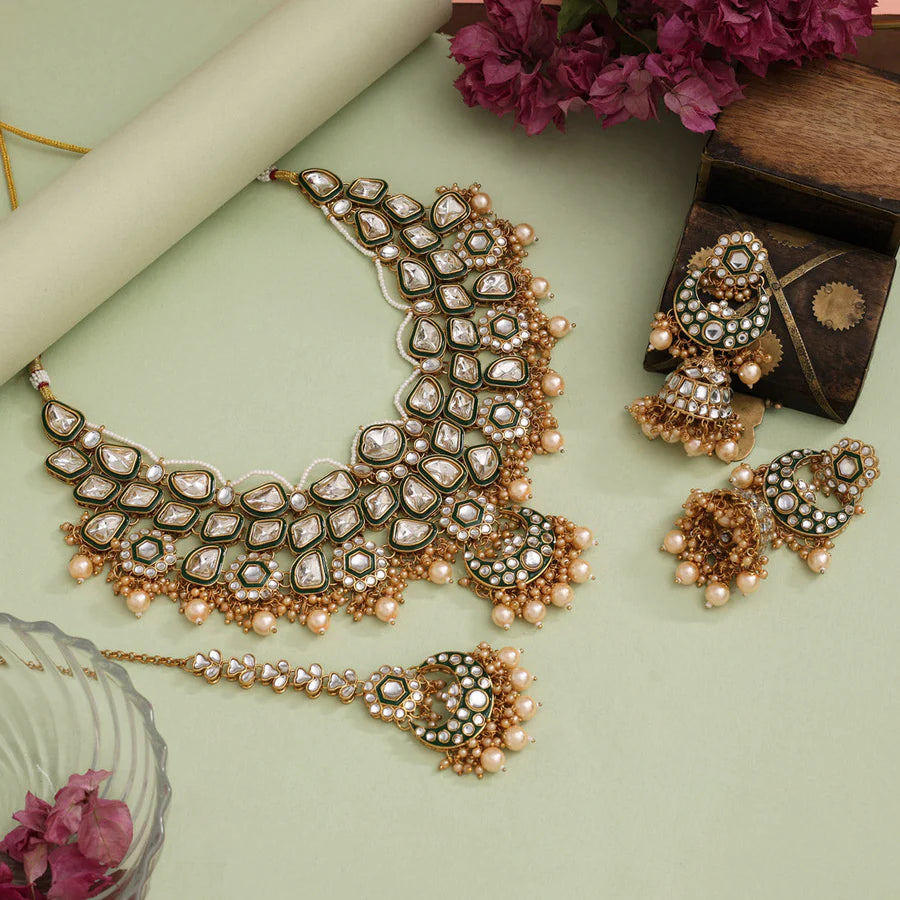 Gold Color Meena Work Kundan Necklace Set