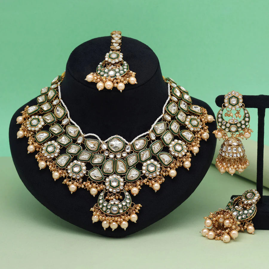 Gold Color Meena Work Kundan Necklace Set