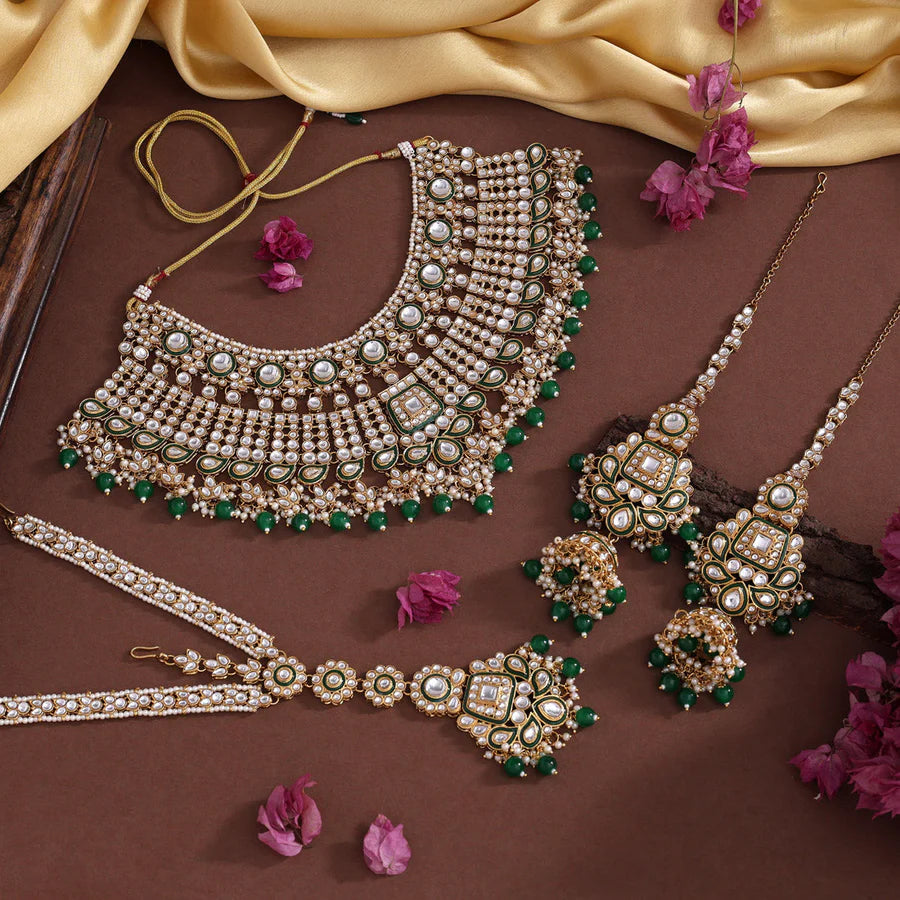 Green Color Meena Work Kundan Necklace Set