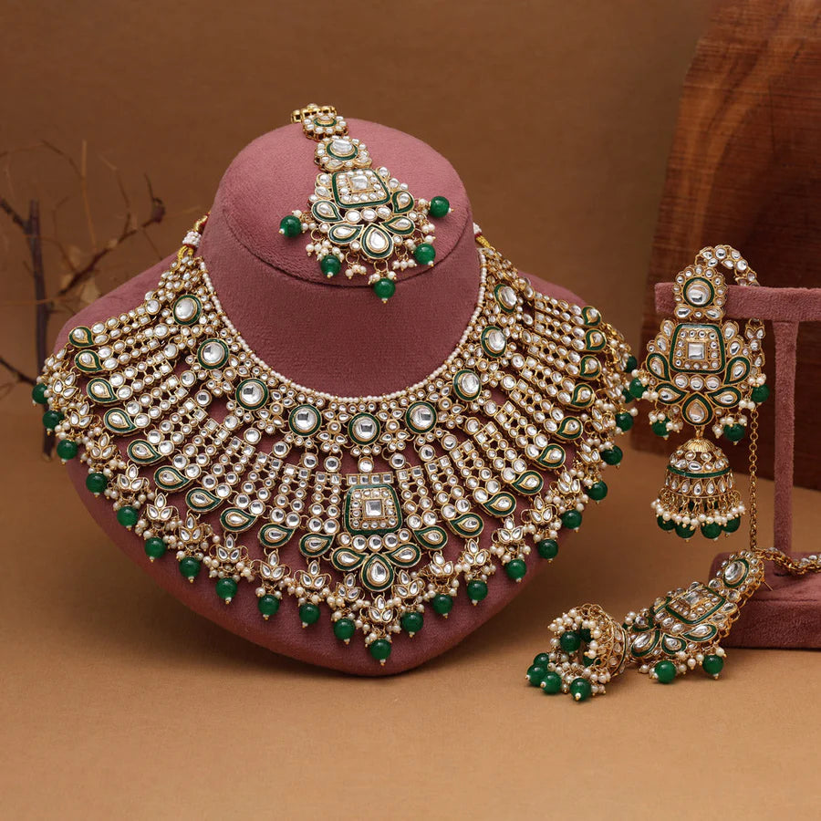 Green Color Meena Work Kundan Necklace Set