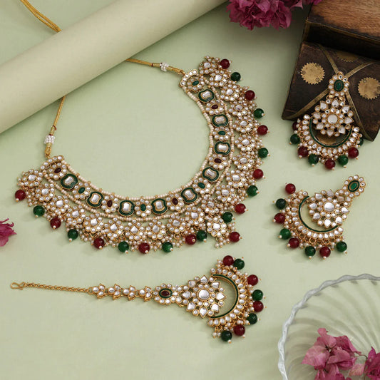 Yellow Maroon & Green Color Meena Work Kundan Necklace Set