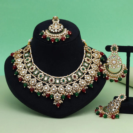 Yellow Maroon & Green Color Meena Work Kundan Necklace Set