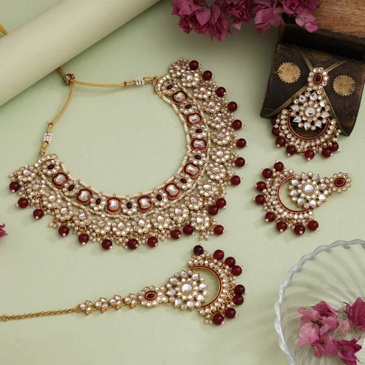 Maroon Color Meena Work Kundan Necklace Set