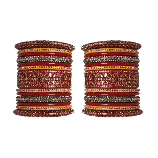 Kundan Designed Royal Rajasthani Bridal Red, Green, Yellow Lakh/Lac Bangdi Bangle/Kadda/Chura Set For Women And Girls. gaonkasaman
