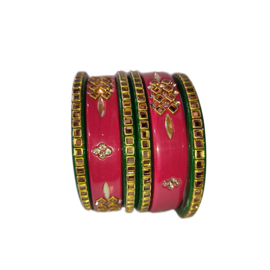 Kundan Diamond Red Green 5 Line Lac Bangle Set gaonkasaman