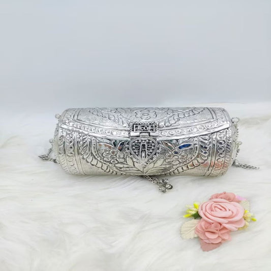 Floral Round Meenakari work Clutch/Bag/Handbag/Sling Bag | Silver-Plated Brass | For Women and Girls