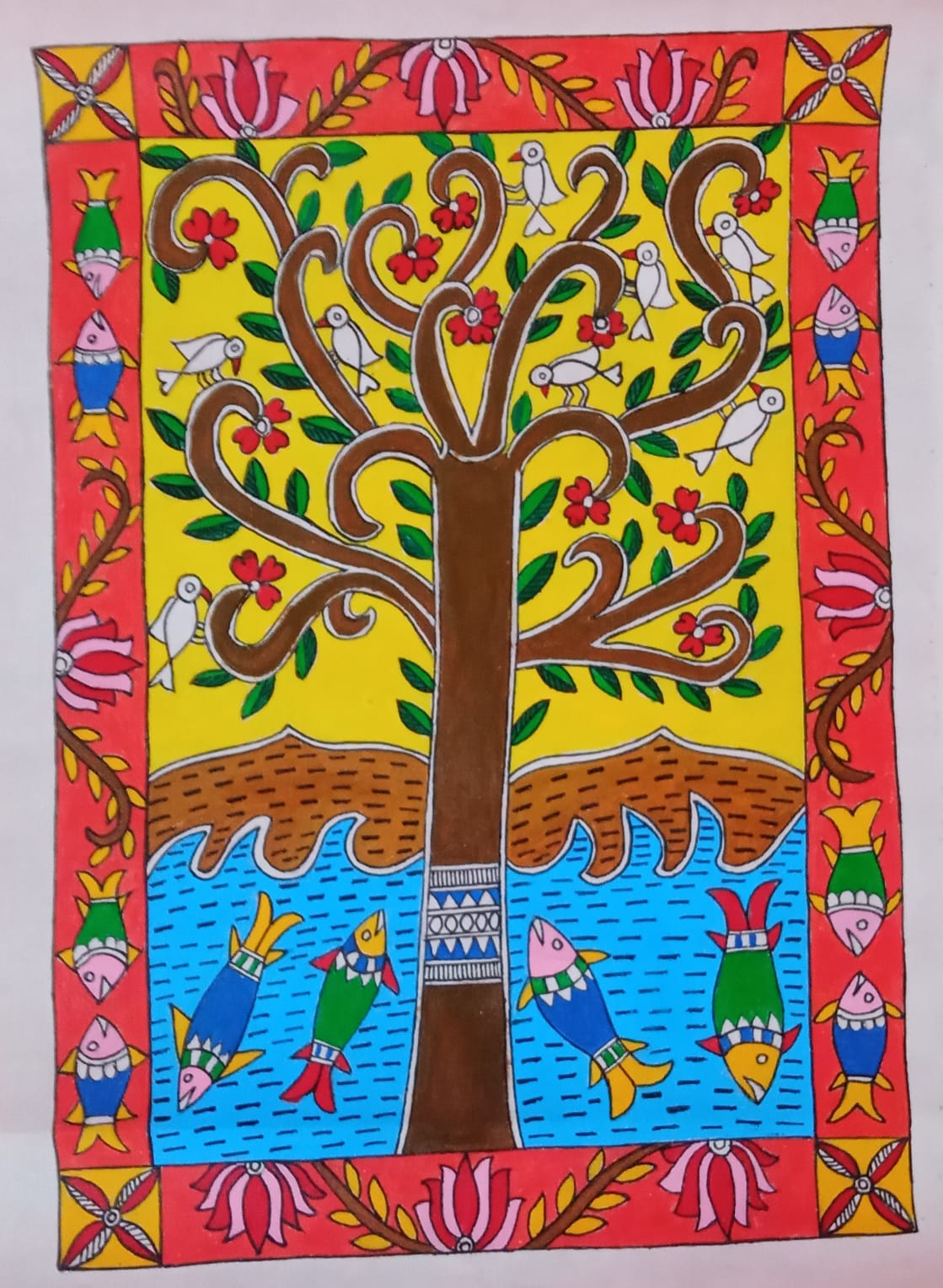 Natural Red-flower Tree Handmade Madhubani Fusion Painting. gaonkasaman