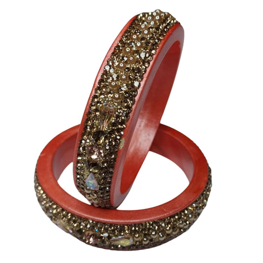 Orange Plated with Kundan and Topaz Fitted Lac Kada Bangle gaonkasaman