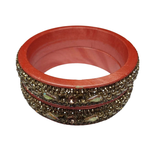 Orange Plated with Kundan and Topaz Fitted Lac Kada Bangle gaonkasaman