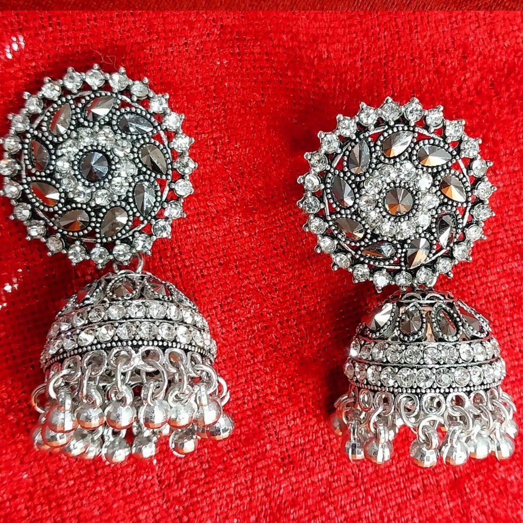 Oxidised Silver white crystal Floral Earring gaonkasaman