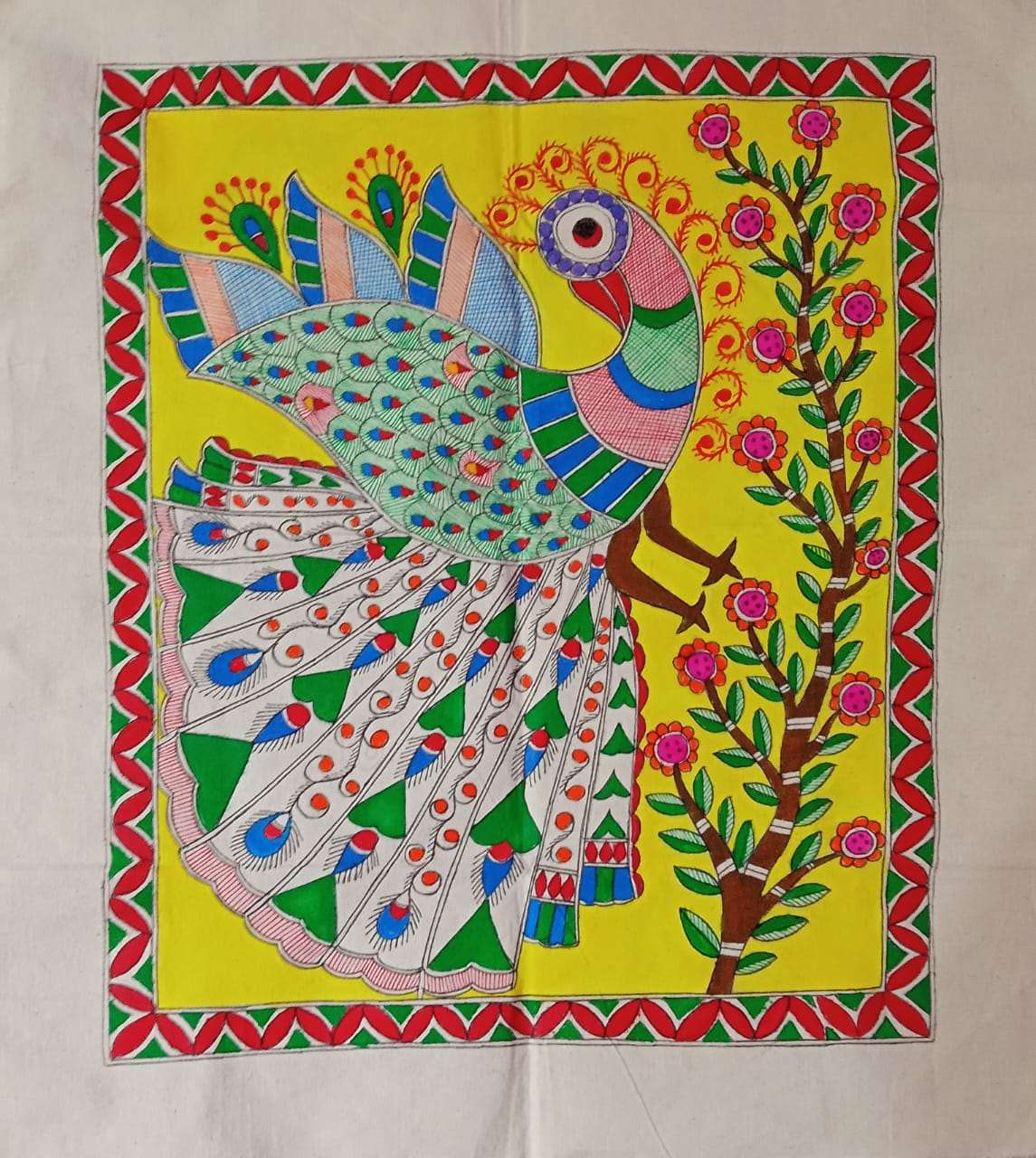 Peacock Reverie: A Madhubani Handmade Madhubani Painting. gaonkasaman