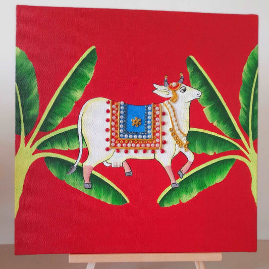 Pearl hand-painted Pichwai Cow painting art on Canvas (10 x 10) gaonkasaman