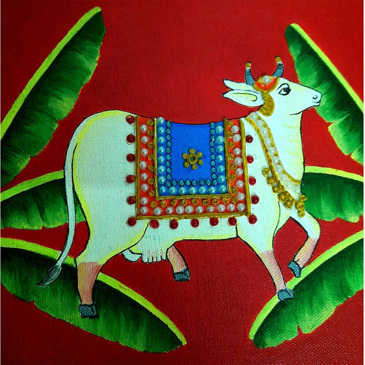 Pearl hand-painted Pichwai Cow painting art on Canvas (10 x 10) gaonkasaman