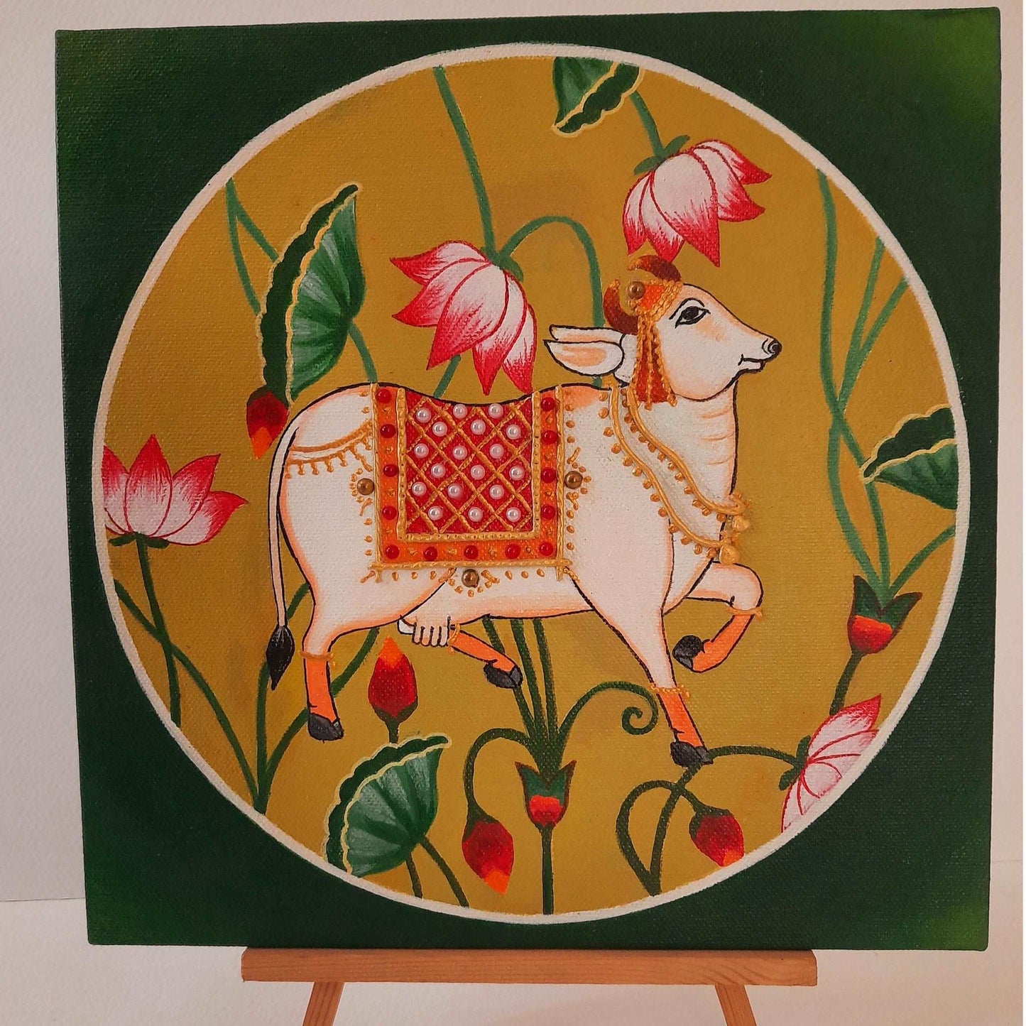 Pearl hand-painted Pichwai Cow painting art on Canvas (10 x 10) gaonkasaman