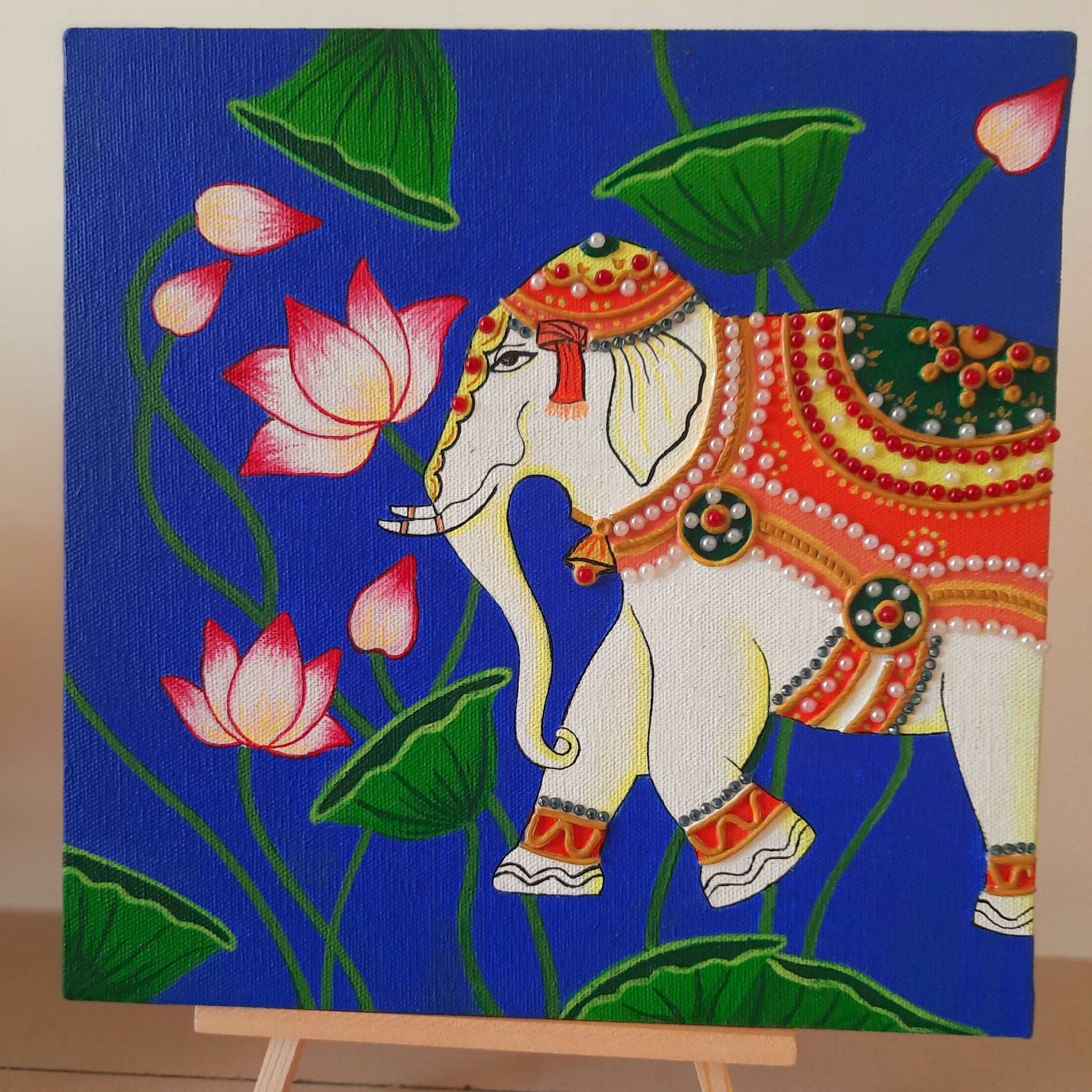 Pearl hand painted Pichwai Elephant painting art on Canvas 10 x 10 gaonkasaman 5185 11877511 d85b 44d3 b2ae 128036843504