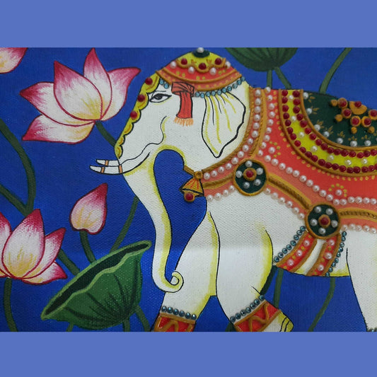 Pearl hand-painted Pichwai Elephant painting art on Canvas (10 x 10) gaonkasaman