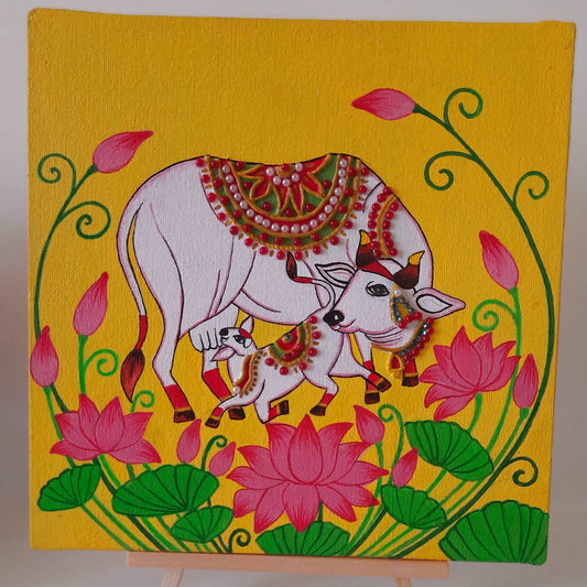 Pearl hand-painted Pichwai Mother Cow painting art on Canvas (10 x 10) gaonkasaman
