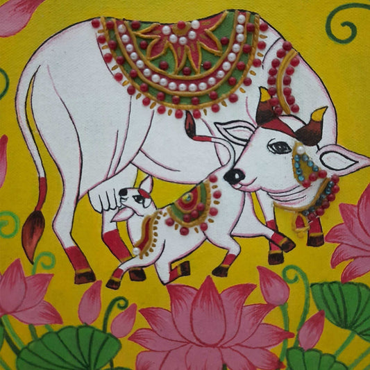 Pearl hand-painted Pichwai Mother Cow painting art on Canvas (10 x 10) gaonkasaman