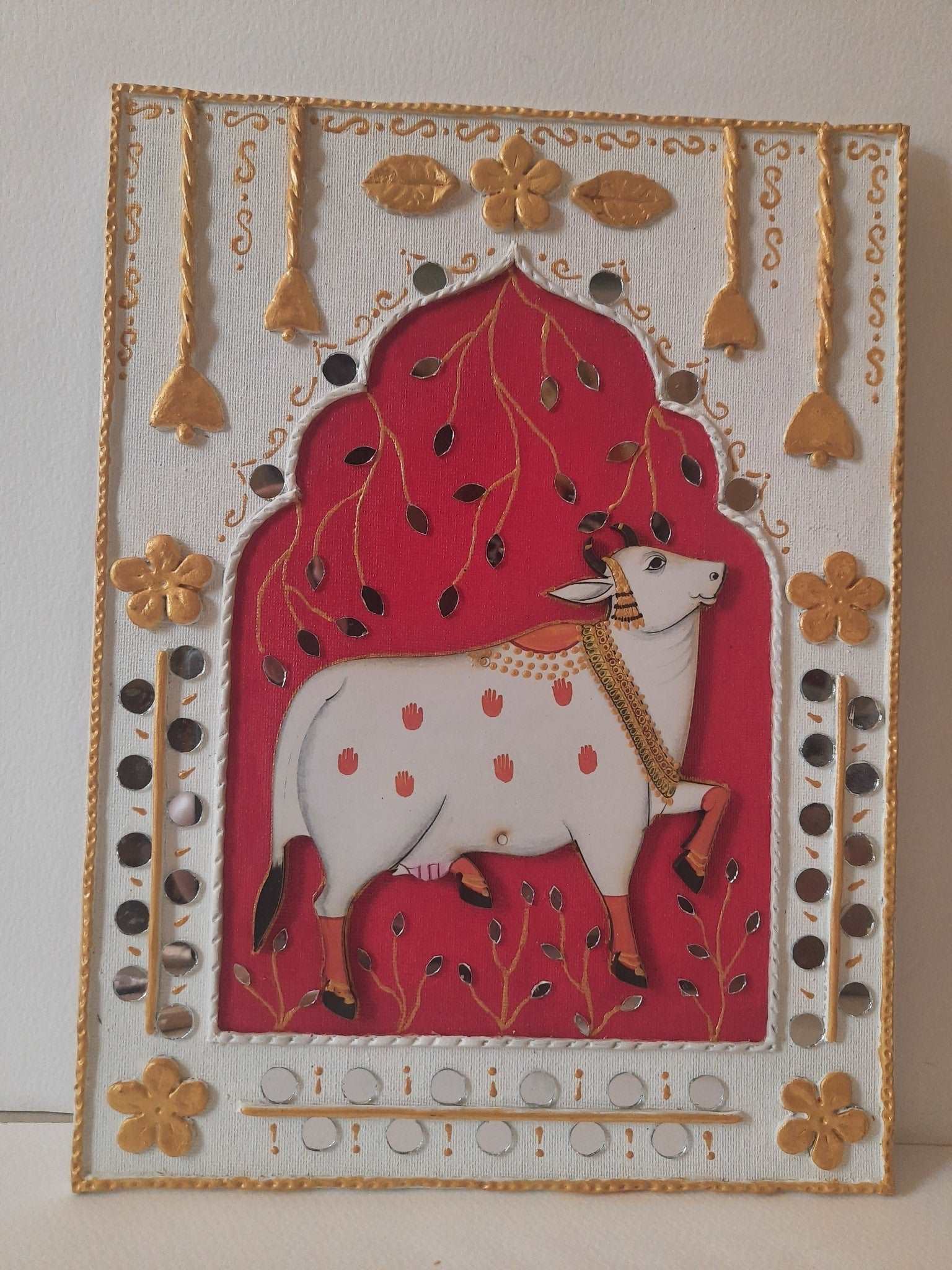 Pichwai Art on jharokha setting on canvas board with lippan work gaonkasaman