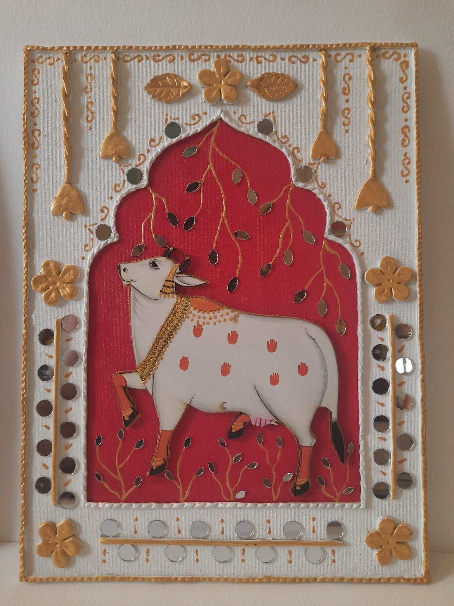 Pichwai Art on jharokha setting on canvas board with lippan work gaonkasaman