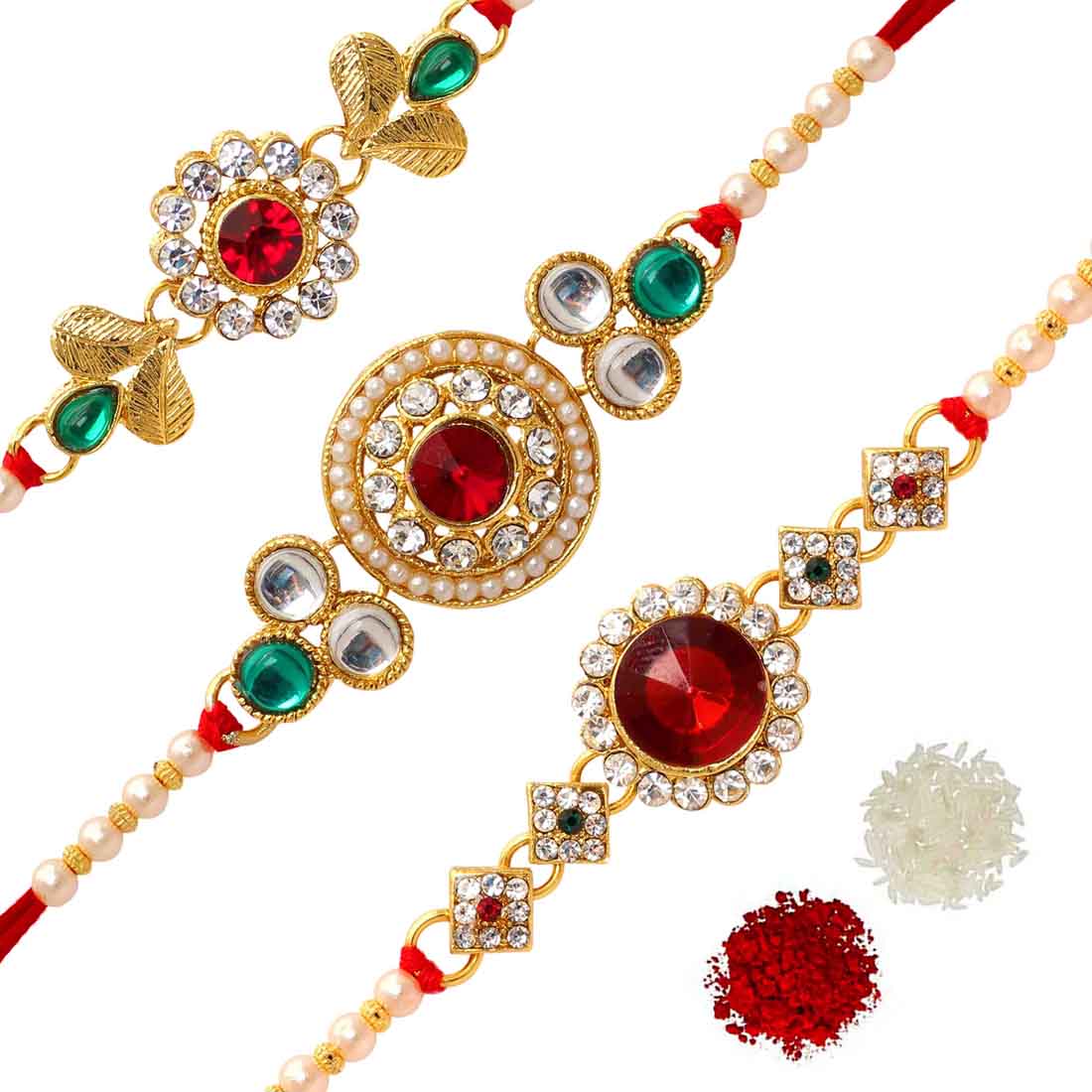 Red central Rhinestone Studded Floral Rakhi Set | Combo of Three | Chawal + Roli | Rakhi Special Card.