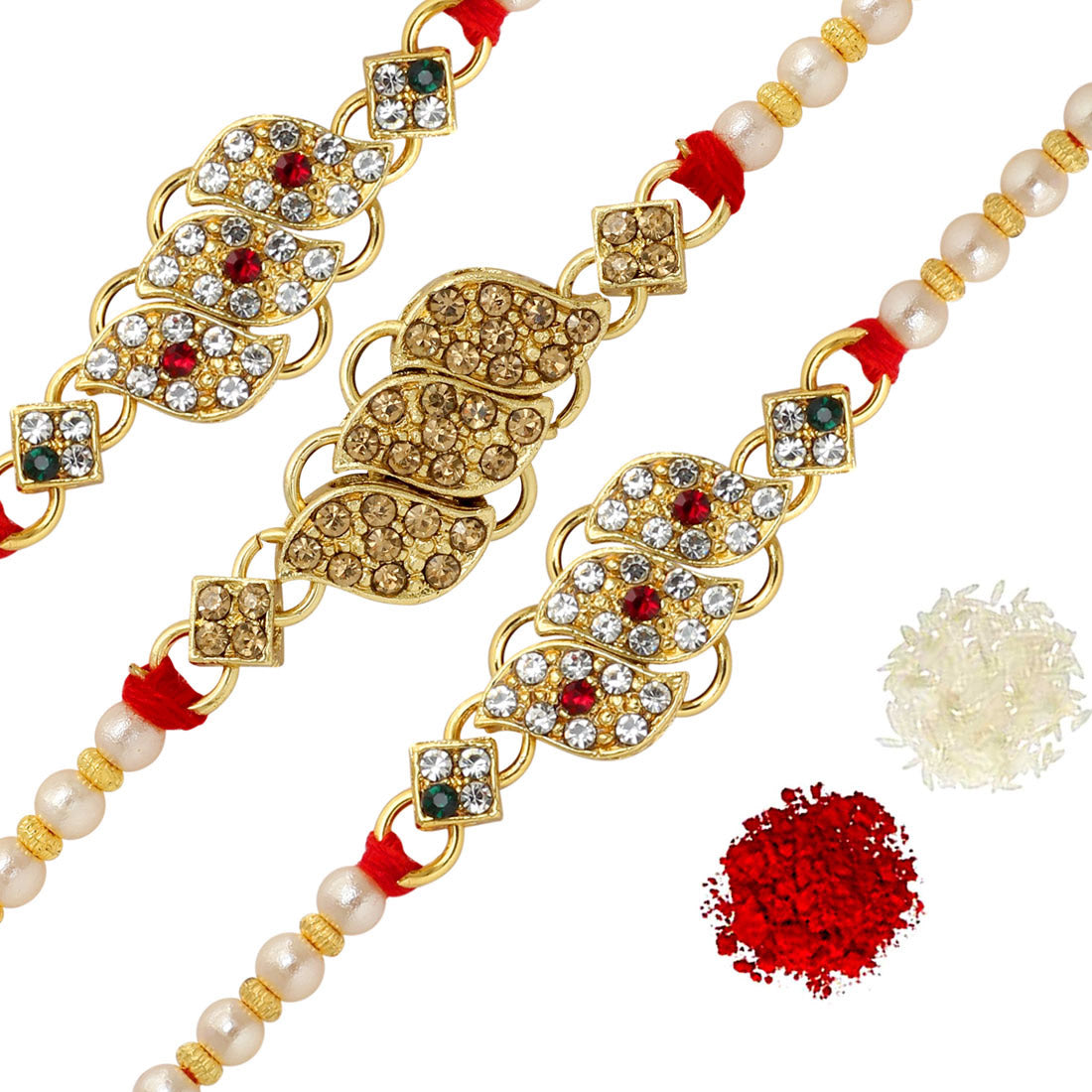 Floral Rhinestone Rakhi Set | set of 3 | gold/Silver | Chawal + Roli | Rakhi Special Card