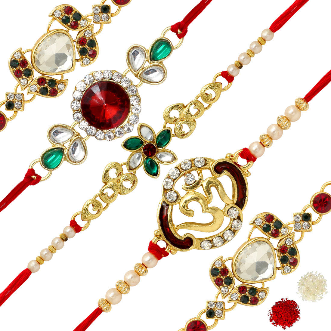 Silver stoned  Rakhi | set of 5 Rakhi | Gold platted| Chawal + Roli | Rakhi Special