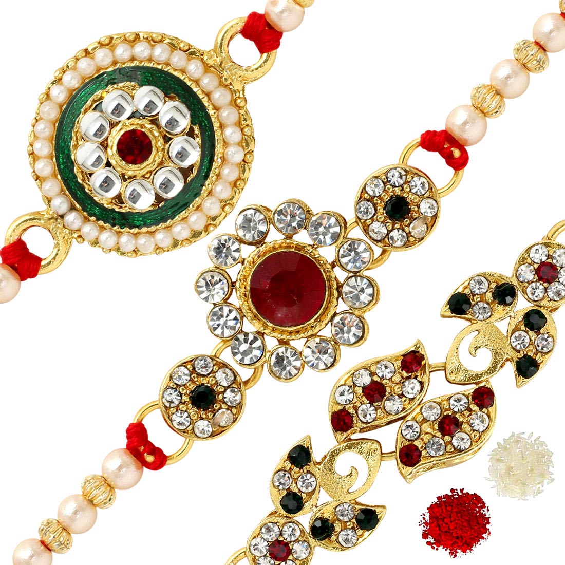 Rangoli Rakhi | set of 3 Rakhi | Gold platted | Chawal + Roli | Rakhi Special Card