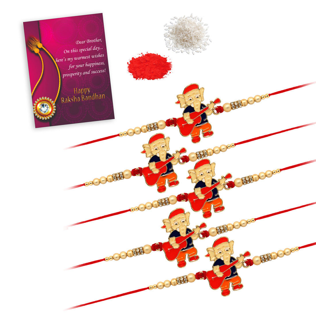 Bal Ganesh Rakhi with Lal Sut Dhagga and Golden Beads | Set of 5 Chawal + Roli | Rakhi Special Card