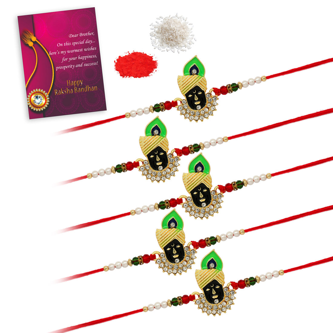 Shree Krishna Rakhi with Lal Sut Dhagga and Golden Beads | Set of 5 | Chawal + Roli | Rakhi Special Card