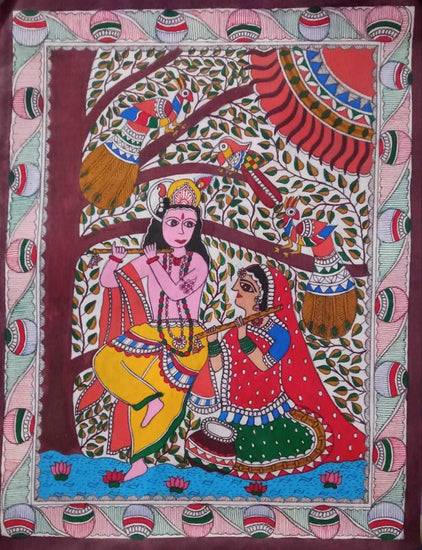Divine Harmony: Radha Krishna Flute Madhubani Painting