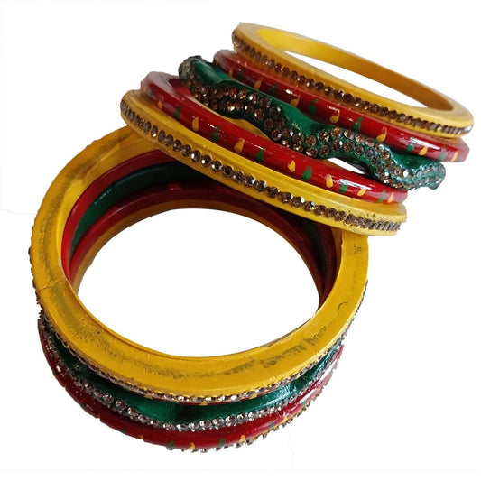 Red Yellow and Green Color Lahariya Bangle Set gaonkasaman