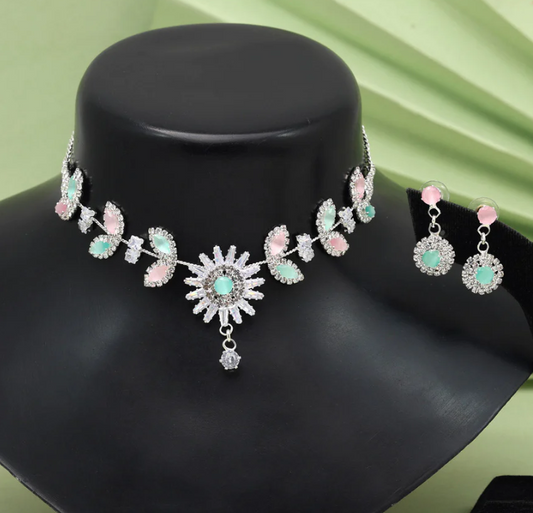 Blossom Pink & Pista-Green Choker Necklace With Earring | Necklace Set | Choker Set | For Women & Girls