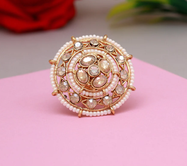 Kundan Floral Ring with Pearl Bead Detailing ring | Traditional Huge Round Design ring | for Women & Girls