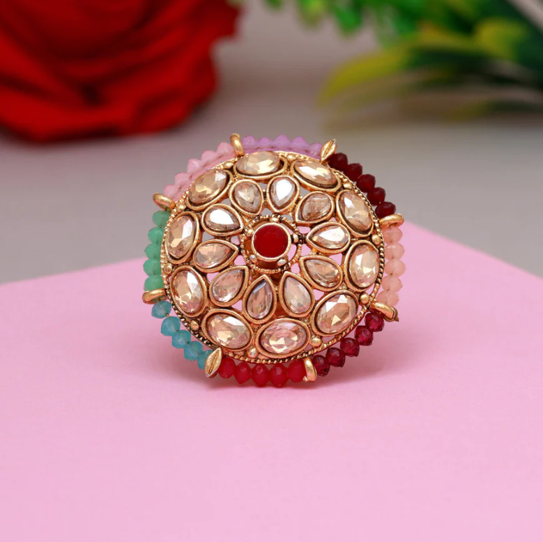 Kundan Floral Ring with Pearl Bead Detailing ring | Traditional Huge Round Design ring | for Women & Girls