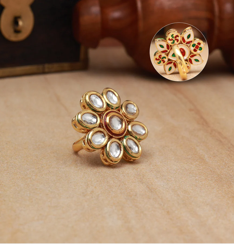 kundan ring,big kundan rings,floral,traditional